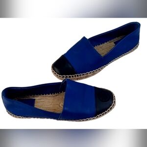 Tory Burch Color-Block Flat Espadrilles in Jelly Blue and Tory Navy. 